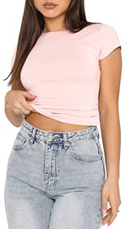 WINKEEY Essentials T-Shirt Y2K Crop Top Kurzarm Damen Sommer Sexy Shirt Einfarbig Basic Outfits Bauchfrei Streetwear, Rosa S von WINKEEY