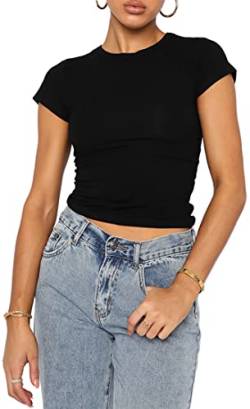 WINKEEY Essentials T-Shirt Y2K Crop Top Kurzarm Damen Sommer Sexy Shirt Einfarbig Basic Outfits Bauchfrei Streetwear, Schwarz L von WINKEEY