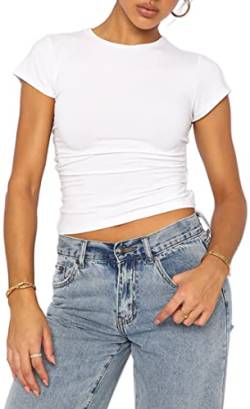 WINKEEY Essentials T-Shirt Y2K Crop Top Kurzarm Damen Sommer Sexy Shirt Einfarbig Basic Outfits Bauchfrei Streetwear, Weiß S von WINKEEY