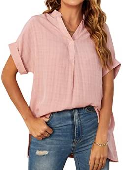 WINKEEY Hemdbluse Damen Elegant Blusenshirt Tunika Sommer T Shirt V-Ausschnitt Chiffon Bluse Oversize Shirts Longbluse, Rosa M von WINKEEY