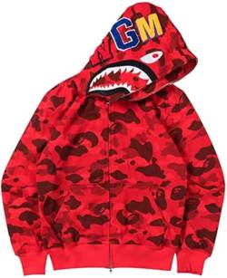 WINKEEY Herren Shark Hoodie Hip Hop Kapuzenpullover Mit Reißverschluss Langarm Sweatshirt mit Haifisch Druck Shark Head Zipper Jacken, Rot M von WINKEEY