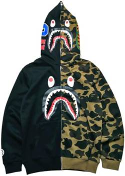 WINKEEY Herren Shark Hoodie Hip Hop Kapuzenpullover Mit Reißverschluss Langarm Sweatshirt mit Haifisch Druck Shark Head Zipper Jacken, Schwarz Grün S von WINKEEY