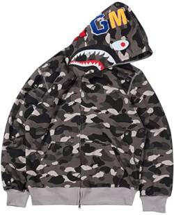 WINKEEY Herren Shark Hoodie Hip Hop Kapuzenpullover Mit Reißverschluss Langarm Sweatshirt mit Haifisch Druck Shark Head Zipper Jacken, Schwarze Tarnung S von WINKEEY