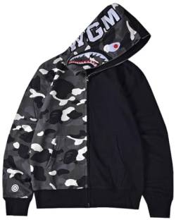 WINKEEY Jungen Shark Hoodies Tarnfarben Haifisch Kapuzenpullover Jacke Mit Reißverschluss Oversized Herbst Winter Oberteil, Halb Schwarz XL von WINKEEY