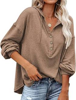 WINKEEY Kapuzenpullover Damen Knopfleiste Hoodie V-Ausschnitt Langarm Sweatshirt Frauen Pullover Kordelzug Oberteil Für Frühling Herbst Winter, Khaki L von WINKEEY