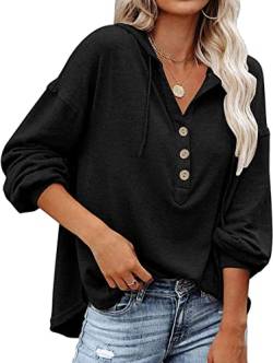 WINKEEY Kapuzenpullover Damen Knopfleiste Hoodie V-Ausschnitt Langarm Sweatshirt Frauen Pullover Kordelzug Oberteil Für Frühling Herbst Winter, Schwarz L von WINKEEY