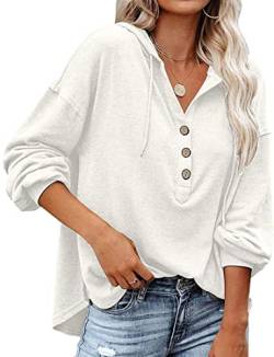 WINKEEY Kapuzenpullover Damen Knopfleiste Hoodie V-Ausschnitt Langarm Sweatshirt Frauen Pullover Kordelzug Oberteil Für Frühling Herbst Winter, Weiß M von WINKEEY