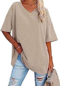 WINKEEY Tshirt Damen Oversize Shirt V Ausschnitt T-Shirt Basic Shirts Casual Top Bluse Sommer Kurzarm, Beige XL von WINKEEY