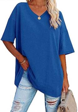 WINKEEY Tshirt Damen Oversize Shirt V Ausschnitt T-Shirt Basic Shirts Casual Top Bluse Sommer Kurzarm, Blau L von WINKEEY