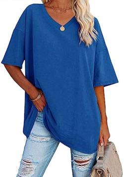 WINKEEY Tshirt Damen Oversize Shirt V Ausschnitt T-Shirt Basic Shirts Casual Top Bluse Sommer Kurzarm, Blau S von WINKEEY