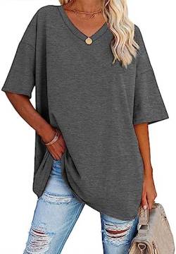 WINKEEY Tshirt Damen Oversize Shirt V Ausschnitt T-Shirt Basic Shirts Casual Top Bluse Sommer Kurzarm, Dunkelgrau M von WINKEEY