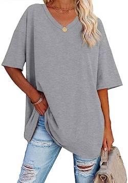 WINKEEY Tshirt Damen Oversize Shirt V Ausschnitt T-Shirt Basic Shirts Casual Top Bluse Sommer Kurzarm, Hellgrau L von WINKEEY