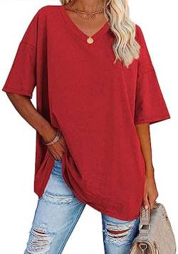 WINKEEY Tshirt Damen Oversize Shirt V Ausschnitt T-Shirt Basic Shirts Casual Top Bluse Sommer Kurzarm, Rot L von WINKEEY