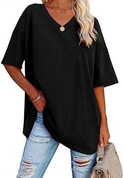 WINKEEY Tshirt Damen Oversize Shirt V Ausschnitt T-Shirt Basic Shirts Casual Top Bluse Sommer Kurzarm, Schwarz M von WINKEEY