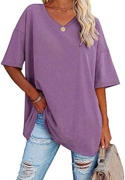 WINKEEY Tshirt Damen Oversize Shirt V Ausschnitt T-Shirt Basic Shirts Casual Top Bluse Sommer Kurzarm, Violett M von WINKEEY