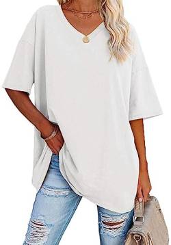 WINKEEY Tshirt Damen Oversize Shirt V Ausschnitt T-Shirt Basic Shirts Casual Top Bluse Sommer Kurzarm, Weiß L von WINKEEY