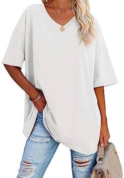 WINKEEY Tshirt Damen Oversize Shirt V Ausschnitt T-Shirt Basic Shirts Casual Top Bluse Sommer Kurzarm, Weiß S von WINKEEY