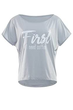 Winshape Damen Ultra leichtes Modal-Kurzarmshirt MCT002 Glitzer-Aufdruck „First I Need Coffee” T-Shirt, Cool-Grey-Weiss, S von WINSHAPE