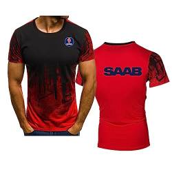 Herren Sommer Farbverlauf Kurzarm für SAAB Bedruckte T-Shirts Lässige Bequeme T-Shirts Rundhalsausschnitt Leichte Sportoberteile Schnell trocknende Unisex-Arbeitskleidung, Red-XL von WIOSEN