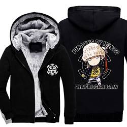 Herren weiche Fleece Hoodies für Trafalgar Law Sweatshirt Winter Warm Dicke Full Zip Jacke Winddichte Hoody Jumper Herbst Thermo Oberbekleidung mit Taschen,Black-Aldult 2XL von WIOSEN