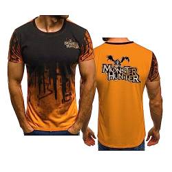 Sommer Herren Kurzarm für Monster Hunter Druck Lässige T-Shirts Lose Kontrastfarben Tops Bequeme atmungsaktive Halbarm-T-Shirts, Orange-L von WIOSEN