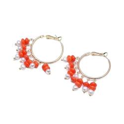 Ohrringe for Frauen, orange, korallenrot, mit weißen Perlen plattiert, große Kreis-Creolen, handgefertigt for Frauen, übertriebene Kreis-Ohrringe, lustige Ohrringe for Frauen von WIPPWER