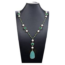 WIPPWER Charm-Halskette, Schmuck, 78,7 cm, natürliche weiße Keshi-grüne Jade-Edelsteine, blaue Kristall-Halskette, natürlicher Amazonit-Stein-Anhänger, Geschenke for Damen von WIPPWER