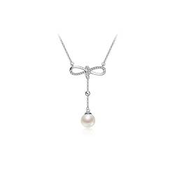 WIPPWER Halsketten Perlenkette Silber Süßwasserperlen-Anhängerkette 7-8 mm rund Mode-All-Match-Halskette Schmuck Damenanhänger von WIPPWER