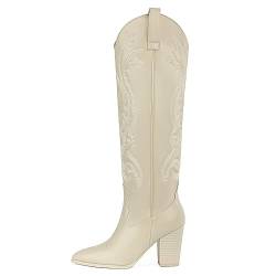 Bestickte Cowboy-Stiefel für Damen, klobiger Blockabsatz, Westernkniehohe Stiefel, zum Überziehen, Cowgirl-Stiefel, Beige, 39 EU von WIRALOMI