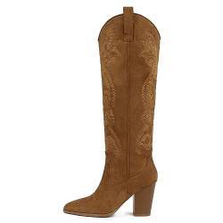 Bestickte Cowboy-Stiefel für Damen, klobiger Blockabsatz, Westernkniehohe Stiefel, zum Überziehen, Cowgirl-Stiefel, Brown, 40 EU von WIRALOMI