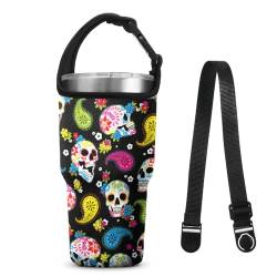 WIRESTER Tumbler Carrier Holder Pouch with Shoulder Strap, Reusable Tumbler Sleeve with Carrying Handle for 30oz Insulated Coffee Mugs - Colorful Sugar Skulls von WIRESTER
