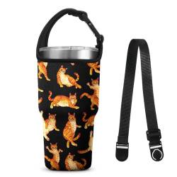 WIRESTER Tumbler Carrier Holder Pouch with Shoulder Strap, Reusable Tumbler Sleeve with Carrying Handle for 30oz Insulated Coffee Mugs - Orange Tabby Cat Funny Playful Postures Black von WIRESTER