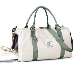 Sporttasche für Damen, Reisetasche, Sporttasche, Wochenende, Übernachtung, Handgepäcktasche, A11-Beige mit Grün, L, Turnbeutel von WISEPACK