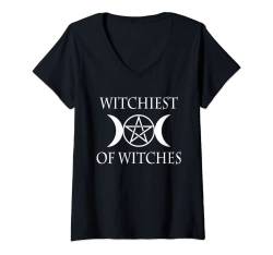 Damen Wiccan Pentagramm Dreifach-Mond-Göttin – Witchiest Of Witches T-Shirt mit V-Ausschnitt von WITCHCRAFT GIFTS AND WICCA CLOTHING CO.