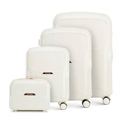 WITTCHEN Stilvoller Koffer-Set of 4 Trolley Strapazierfähigem Polycarbonat Trolley 4 Doppel-Lenkrollen TSA Zahlenschloss (S+M+L+Kosmetikkoffer) Creme Elemente in Roségold von WITTCHEN