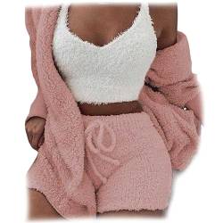 The Cozy Knit Set, 3 Piece Set-Cozy Knit Sets Crop Top, Shorts & Long Coat (Lotuswurzelrosa, S) von WIWIDANG