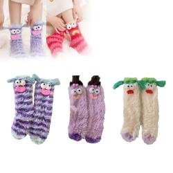 WIWIDANG 3 Paare Korallenmerze dreidimensionale Socken, lustiger Cartoon Dicke warme Flauschige Korallenletze Frauen Socken (DE/NL/SE/PL, Alphanumerisch, Einheitsgröße, Regular, Regular, 3 pairs-D) von WIWIDANG