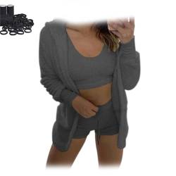 WIWIDANG Cozy Knit Set, Pyjama Damen Flauschig, Kuscheliges Strickset, Leichtes, Flauschiges Fleece, Warm, Weich, Crop-Top (DE/NL/SE/PL, Alphanumerisch, S, M, Regular, Regular, Grau) von WIWIDANG