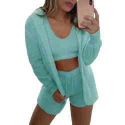 WIWIDANG Cozy Knit Set, Pyjama Damen Flauschig, Kuscheliges Strickset, Leichtes, Flauschiges Fleece, Warm, Weich, Crop-Top (DE/NL/SE/PL, Alphanumerisch, XS, S, Regular, Regular, Cyan) von WIWIDANG