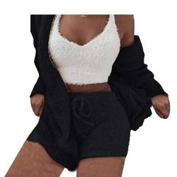 WIWIDANG Cozy Knit Set 3-Piece, Women Sexy Warm Fuzzy Fleece 3 Pieces Outfits Pajamas Outwear and Crop Top Shorts Set (Black, S) von WIWIDANG