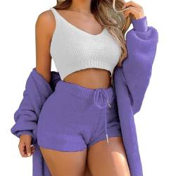WIWIDANG Cozy Knit Set 3-Piece, Women Sexy Warm Fuzzy Fleece 3 Pieces Outfits Pajamas Outwear and Crop Top Shorts Set (Dark Purple, L) von WIWIDANG