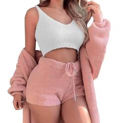 WIWIDANG Cozy Knit Set 3-Piece, Women Sexy Warm Fuzzy Fleece 3 Pieces Outfits Pajamas Outwear and Crop Top Shorts Set (Dusky Pink, XL) von WIWIDANG