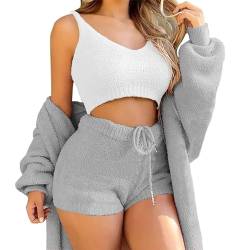WIWIDANG Cozy Knit Set 3-Piece, Women Sexy Warm Fuzzy Fleece 3 Pieces Outfits Pajamas Outwear and Crop Top Shorts Set (Gray, M) von WIWIDANG