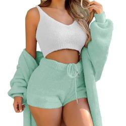 WIWIDANG Cozy Knit Set 3-Piece, Women Sexy Warm Fuzzy Fleece 3 Pieces Outfits Pajamas Outwear and Crop Top Shorts Set (Green, M) von WIWIDANG