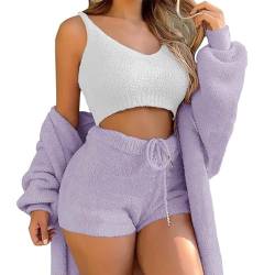 WIWIDANG Cozy Knit Set 3-Piece, Women Sexy Warm Fuzzy Fleece 3 Pieces Outfits Pajamas Outwear and Crop Top Shorts Set (Purple, S) von WIWIDANG