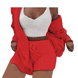 WIWIDANG Cozy Knit Set 3-Piece, Women Sexy Warm Fuzzy Fleece 3 Pieces Outfits Pajamas Outwear and Crop Top Shorts Set (Red, M) von WIWIDANG