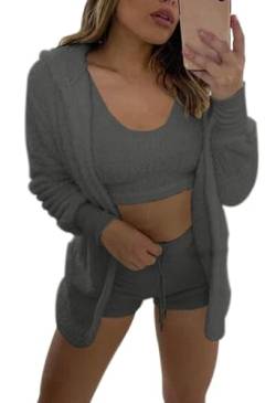 WIWIDANG Cozy Knit Set 3-Piece, Women's Sexy Warm Fuzzy Fleece 3 Piece Outfits Pajamas,Fluffy Crop Top Teddy Coat Shorts Sets (Dark Gray-b, M) von WIWIDANG