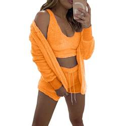 WIWIDANG Cozy Knit Set 3-Piece, Women's Sexy Warm Fuzzy Fleece 3 Piece Outfits Pajamas,Fluffy Crop Top Teddy Coat Shorts Sets (Orange-b, M) von WIWIDANG