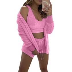 WIWIDANG Cozy Knit Set 3-Piece, Women's Sexy Warm Fuzzy Fleece 3 Piece Outfits Pajamas,Fluffy Crop Top Teddy Coat Shorts Sets (Pink-b, 3XL) von WIWIDANG