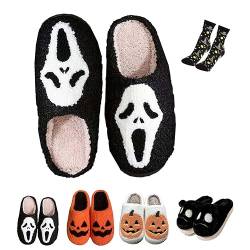 WIWIDANG Halloween-Hausschuhe für Damen, Scream Ghostface-Hausschuhe, weiche gruselige Plüsch-Slipper (Schwarzer Geist, Erwachsene, Damen, 42, Numerisch (von/bis), EU Schuhgrößensystem, 43, M) von WIWIDANG